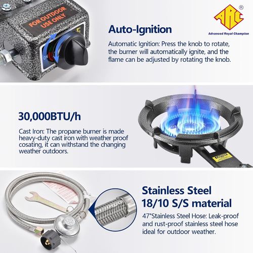 ARC 13  Cast Iron Wok Propane Burner 0-20 PSI Regulator w Steel Hose