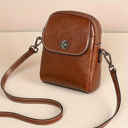 Vintage Mini Leather Crossbody Phone Purse - Adjustable Strap, Zipper Closure, Solid Color, Fabric Lined, Genuine Leather, Urban Chic Style for Women - Perfect for Daily Commuting and Casual Outings