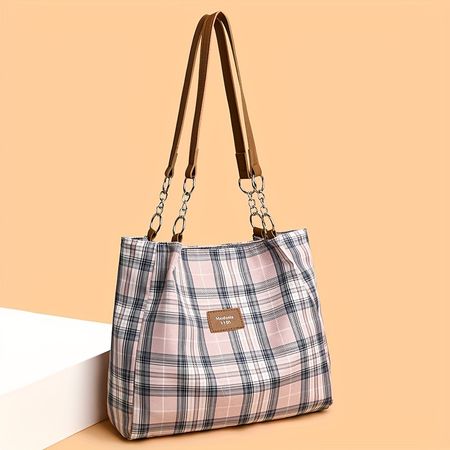 Luxurious Large Capacity Plaid Pattern Tote Bag - Spacious Shoulder Bag with Simple Design for Commuters, Students, and Busy Professionals - Durable, Water-Resistant, and Easy-to-Clean Interior