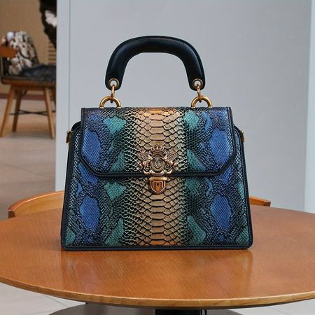 Luxury 2024 New Style Retro Women's Handbag, Fashionable Trendy Blue & Golden Snake Pattern Bag With Lock Buckle, Elegant Shoulder & Crossbody Bag With Detachable Handle