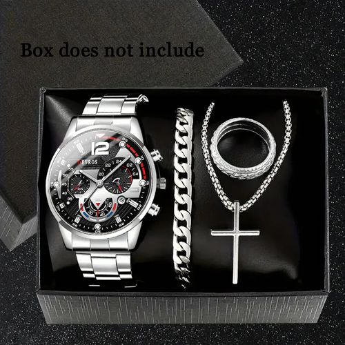 4pcs Men'S Fashion Stainless Steel Quartz Watch Set
