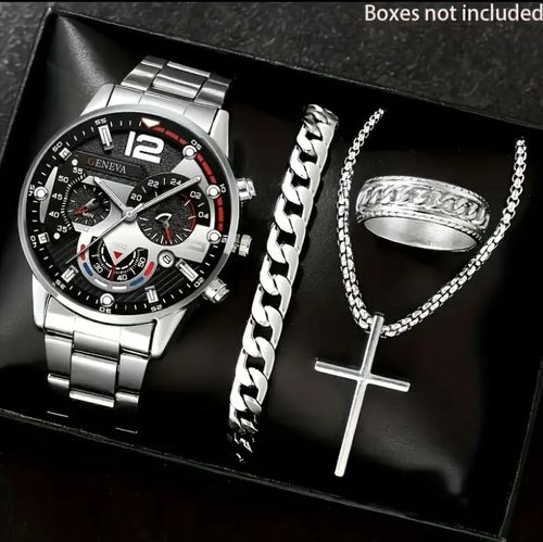4pcs Men'S Fashion Stainless Steel Quartz Watch Set