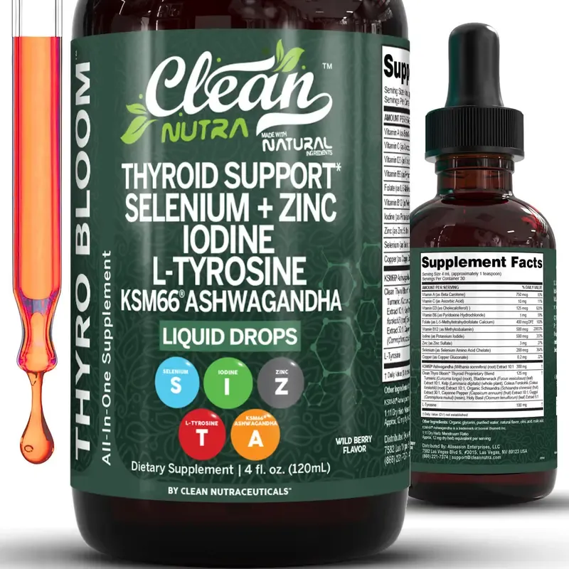 Clean Nutra Thyroid Support Drops Selenium, Zinc, Iodine, L-Tyrosine, Ashwagandha for Metabolism & Hormone Support - Thyro Bloom