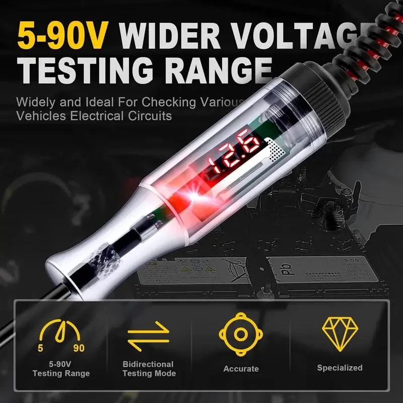 Automotive Digital LED Circuit Tester Diagnostic Tool - 5V-90V Voltage Check Tool with Extended Spring Wire, Bidirectional Light Tester, Compact Practical Design, Pen Tip Protector, Digital LED Display Clarity, Ideal for Automotive Checks