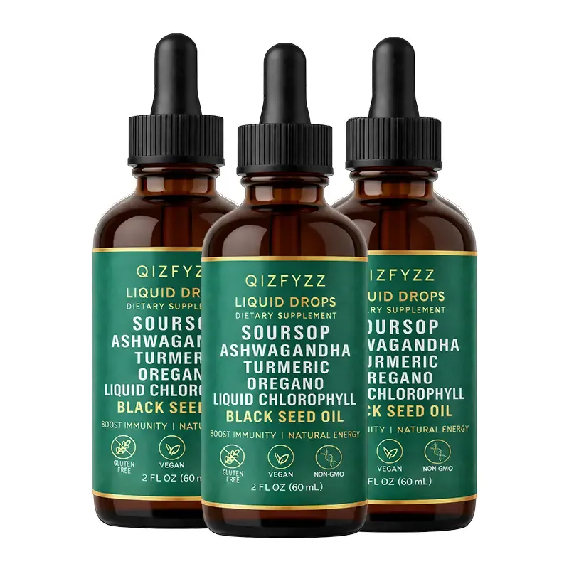 qizfyzz 10-in-1 Soursop Bitters Herbal Drops with Nori, Moringa, Turmeric, Oregano, Ashwagandha & Black Seed Oil | Vegan, Non-GMO Liquid Supplement | 2 fl oz