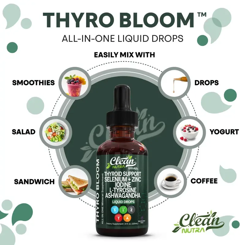Clean Nutra Thyroid Support Drops Selenium, Zinc, Iodine, L-Tyrosine, Ashwagandha for Metabolism & Hormone Support - Thyro Bloom