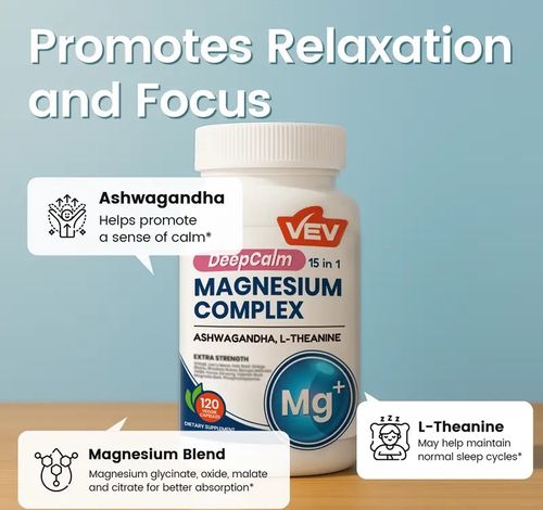 VEV 15 in 1 Magnesium Citrate & Glycinate Complex Capsules, Cortisol Support with Ashwagandha & L-Theanine, Edible Minerals Natural Dietary, 120 Vegan Capsules