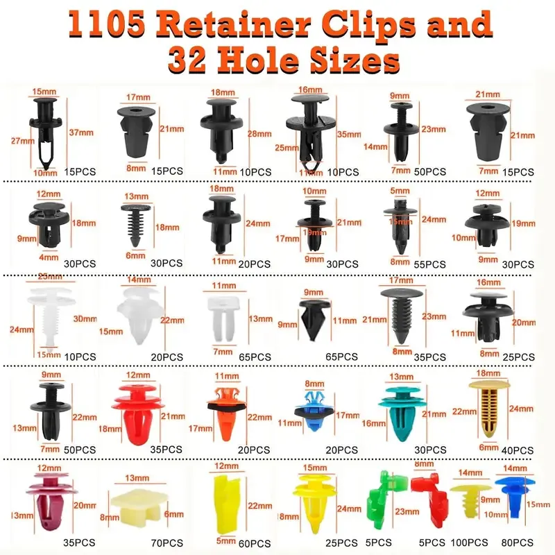 Car Retainer Clips & Fasteners Kit – 32 Universal Sizes Nylon Bumper, Fender Rivets, Door Panel Clips, and Plastic Rivets with 10 Cable Ties and Removal Tool for Auto Vehicles (1240pcs)