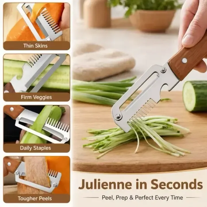 Buy 1 get 1   2PCS   2 in 1 Multi  Functional Kitchen Peeler   Ultra harp Stainless Steel Vegetable and Fruit Peeler with Wooden Handle, Bottle Opener, and Julienne Shred Cutter, Durable Kitchen Gadget