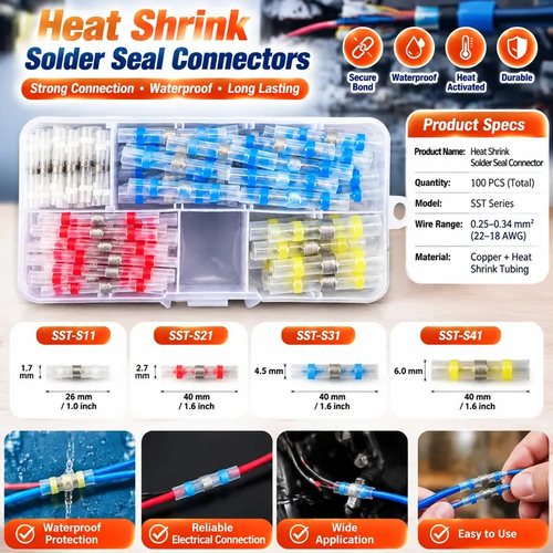 100pcs Solder Seal Wire Connectors Kit, Heat Shrink Waterproof Electrical Connectors, Solder & Seal Wire Splices for Automotive, Marine, DIY Wiring Repair, Waterproof Connector Set