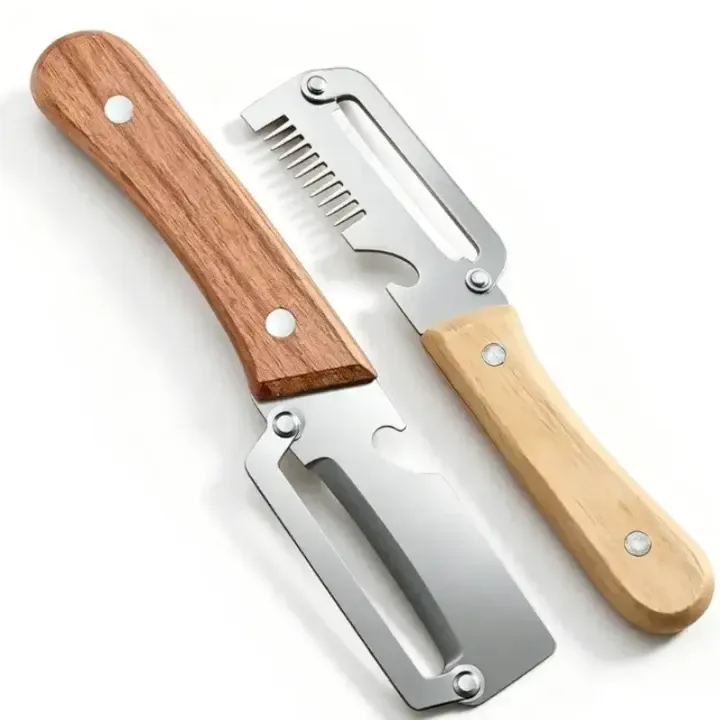 Buy 1 get 1   2PCS   2 in 1 Multi  Functional Kitchen Peeler   Ultra harp Stainless Steel Vegetable and Fruit Peeler with Wooden Handle, Bottle Opener, and Julienne Shred Cutter, Durable Kitchen Gadget