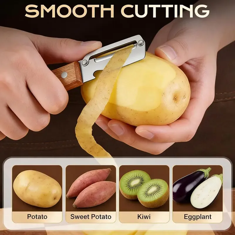 Buy 1 get 1   2PCS   2 in 1 Multi  Functional Kitchen Peeler   Ultra harp Stainless Steel Vegetable and Fruit Peeler with Wooden Handle, Bottle Opener, and Julienne Shred Cutter, Durable Kitchen Gadget