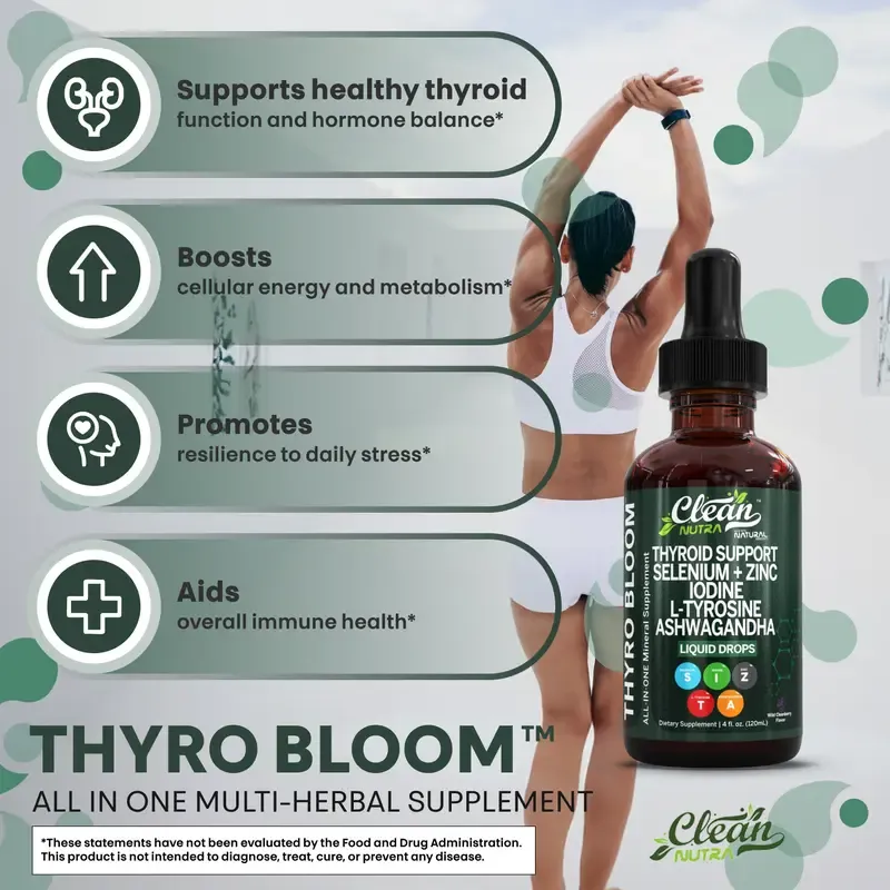 Clean Nutra Thyroid Support Drops Selenium, Zinc, Iodine, L-Tyrosine, Ashwagandha for Metabolism & Hormone Support - Thyro Bloom