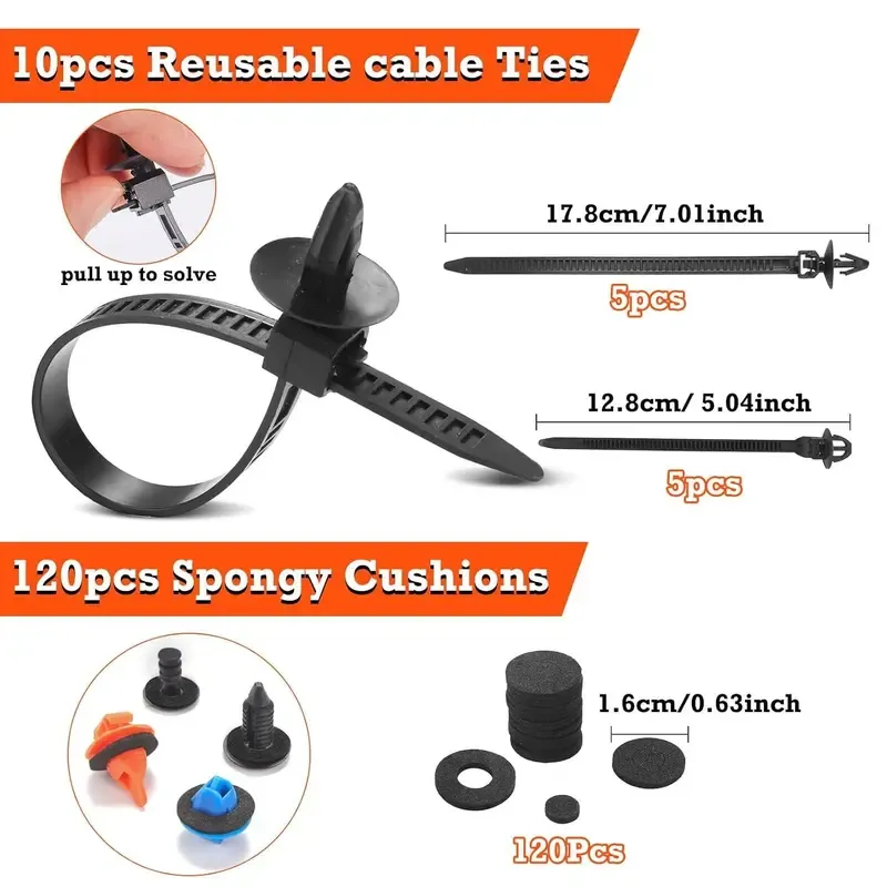 Car Retainer Clips & Fasteners Kit – 32 Universal Sizes Nylon Bumper, Fender Rivets, Door Panel Clips, and Plastic Rivets with 10 Cable Ties and Removal Tool for Auto Vehicles (1240pcs)