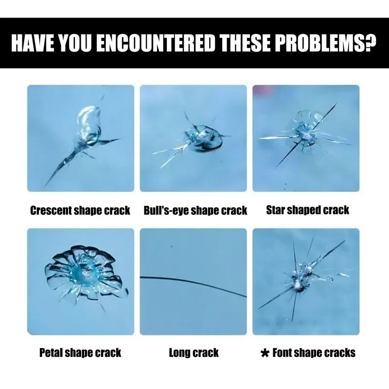 Car windshield crack repair fluid, car windshield repair kit, windshield crack repair tools, glass repair fluid for repairing shattered and star-shaped cracks, multi-purpose interior cleaner.