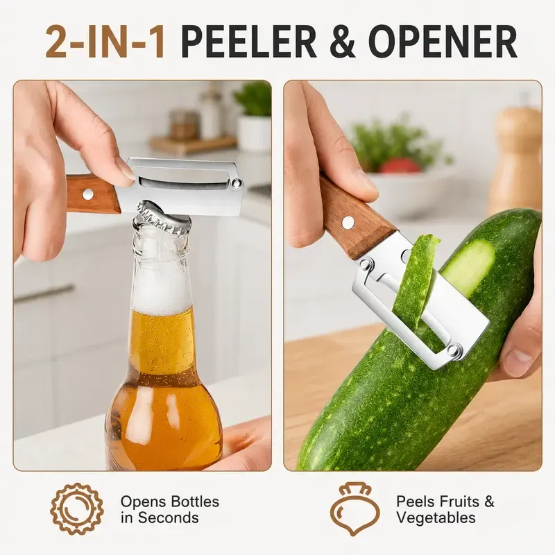 Buy 1 get 1   2PCS   2 in 1 Multi  Functional Kitchen Peeler   Ultra harp Stainless Steel Vegetable and Fruit Peeler with Wooden Handle, Bottle Opener, and Julienne Shred Cutter, Durable Kitchen Gadget