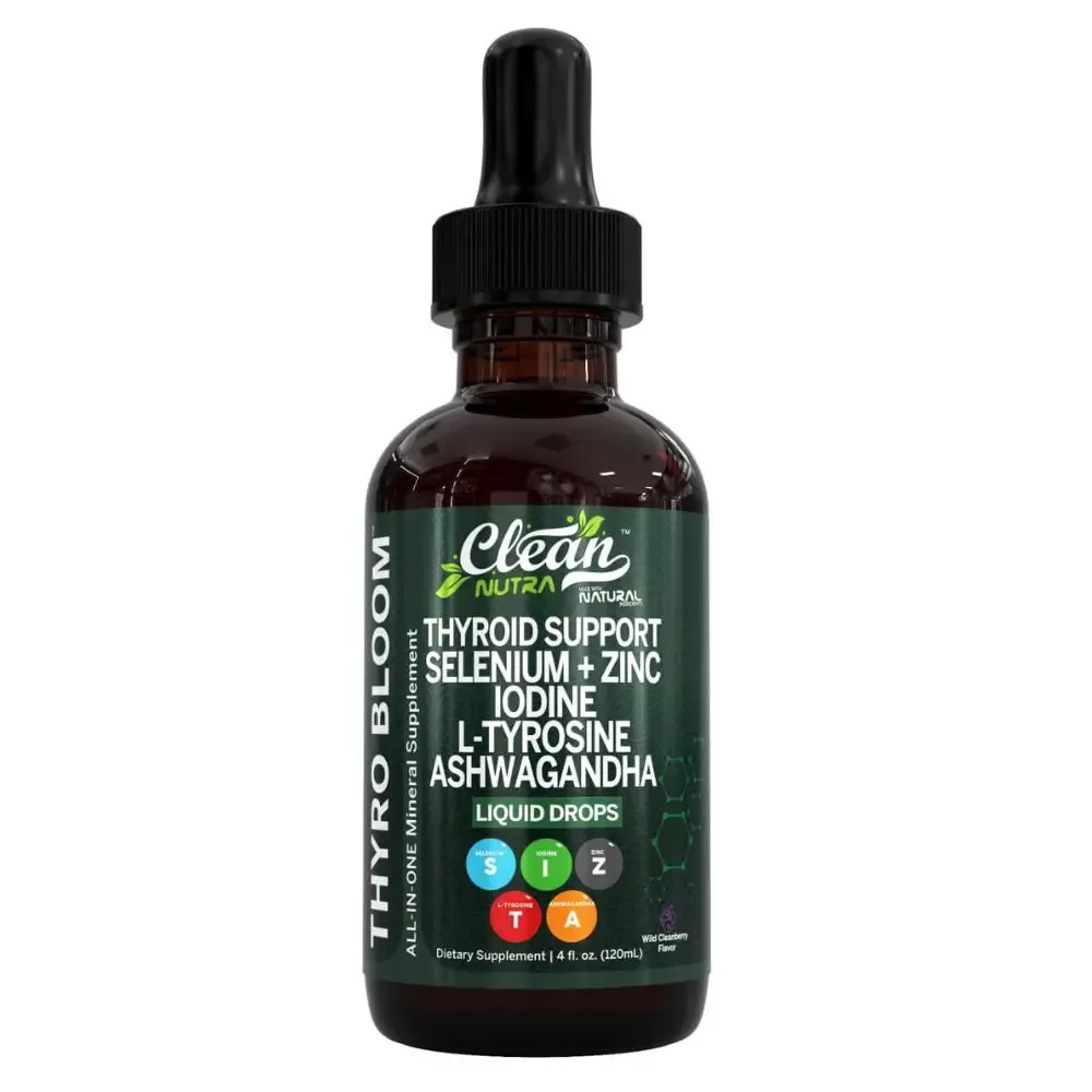Clean Nutra Thyroid Support Drops Selenium, Zinc, Iodine, L-Tyrosine, Ashwagandha for Metabolism & Hormone Support - Thyro Bloom