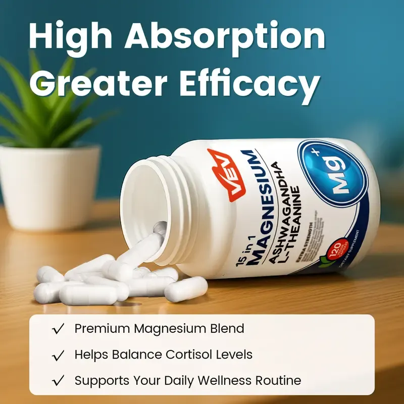 VEV 15 in 1 Magnesium Citrate & Glycinate Complex Capsules, Cortisol Support with Ashwagandha & L-Theanine, Edible Minerals Natural Dietary, 120 Vegan Capsules