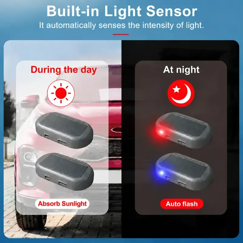 Solar Powered Fake Car Alarm Light, Auto Light Sensor LED Simulated Security Warning Flashing Light, No Wiring DIY Car Anti-Theft Dummy Alarm Lamp