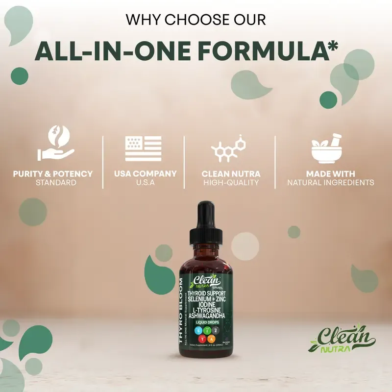 Clean Nutra Thyroid Support Drops Selenium, Zinc, Iodine, L-Tyrosine, Ashwagandha for Metabolism & Hormone Support - Thyro Bloom