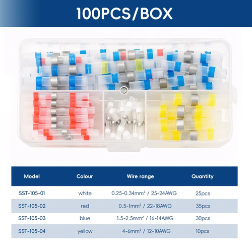 100pcs Solder Seal Wire Connectors Kit, Heat Shrink Waterproof Electrical Connectors, Solder & Seal Wire Splices for Automotive, Marine, DIY Wiring Repair, Waterproof Connector Set