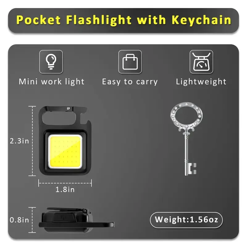 Rechargeable keychain flashlight, 1 piece pack, high-lumen ultra-bright LED working light strip with magnets, clips, bottle opener, suitable for dog walking, car repair, emergencies, camping, EDC