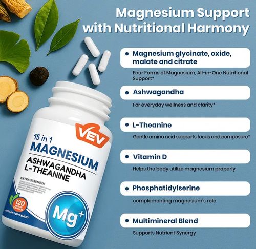 VEV 15 in 1 Magnesium Citrate & Glycinate Complex Capsules, Cortisol Support with Ashwagandha & L-Theanine, Edible Minerals Natural Dietary, 120 Vegan Capsules