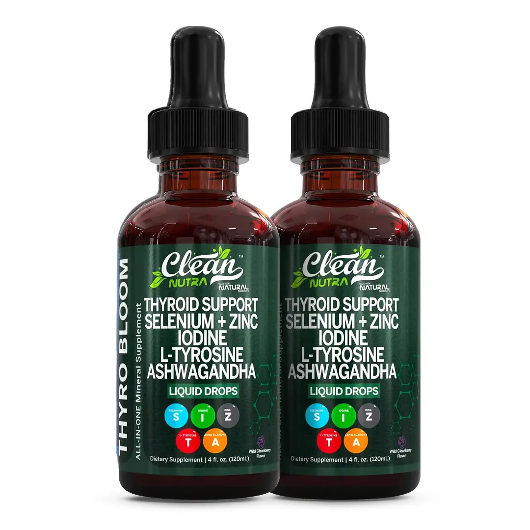 Clean Nutra Thyroid Support Drops Selenium, Zinc, Iodine, L-Tyrosine, Ashwagandha for Metabolism & Hormone Support - Thyro Bloom