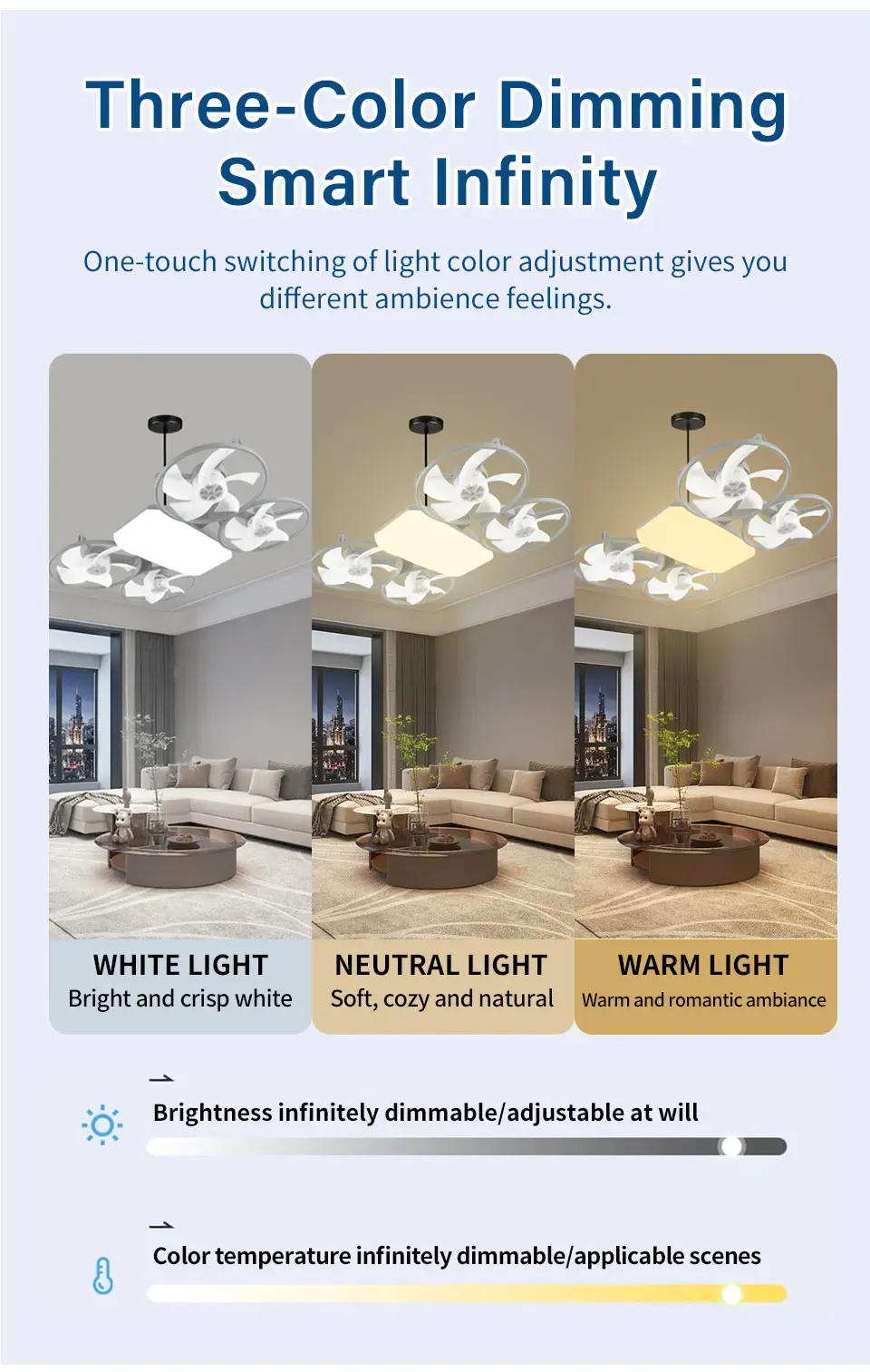 2 in 1 LED E27 Ceiling Fan Light AC 110-220V with Remote 3 Color Temp 3 Speeds Dimmable Adjustable for Bedroom Home Restaurant