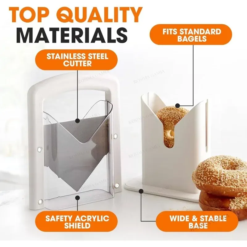 Heavy Duty Stainless Steel Bagel Guillotine Slicer Bread Cutting Gadget with Safe Hand Grip Shield for Kitchen Baking Tool