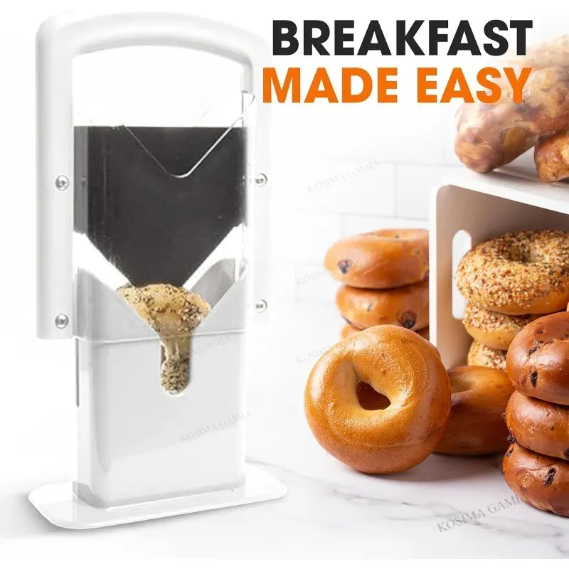 Heavy Duty Stainless Steel Bagel Guillotine Slicer Bread Cutting Gadget with Safe Hand Grip Shield for Kitchen Baking Tool