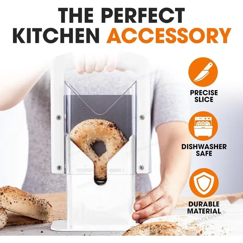 Heavy Duty Stainless Steel Bagel Guillotine Slicer Bread Cutting Gadget with Safe Hand Grip Shield for Kitchen Baking Tool