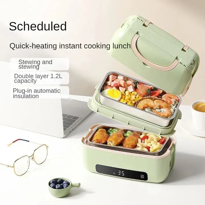 1.2L Electric Heating Lunch Box 9.5H Timer Mini Thermal Box Double Layer Rice Steamer for Office Workers Lunch Box Electric
