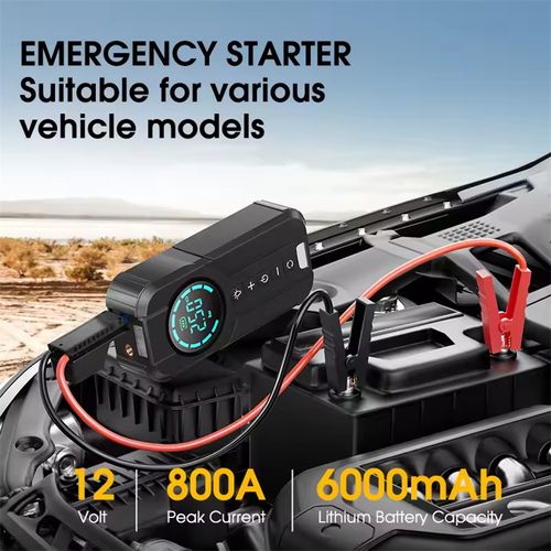 6000mAh car emergency starter with air pump, lighting and power bank functions