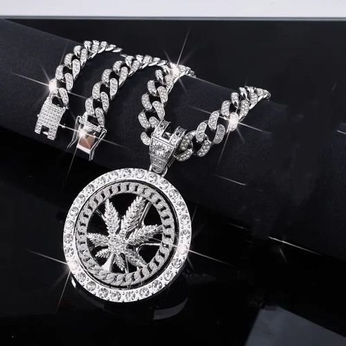 Fashion Hip Hop Crystal Shining Rotating Maple Leaf Pendant Necklace