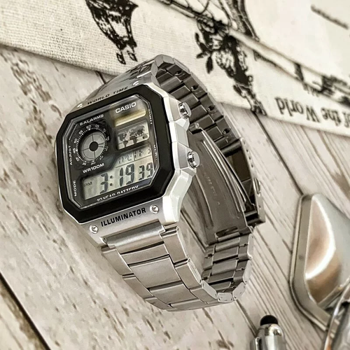 CASIO Square Stainless Steel World Map Digital Watch AE-1200WHD-1A