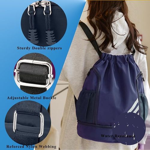 Waterproof travel bag, drawstring bundle storage bag large-capacity lightweight dry and wet separation backpack, (Dark Blue,33 * 16 * 45cm)