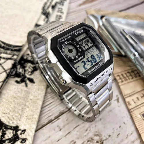 CASIO Square Stainless Steel World Map Digital Watch AE-1200WHD-1A