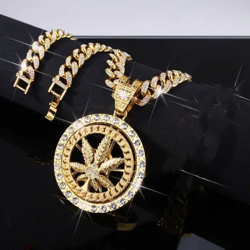 Fashion Hip Hop Crystal Shining Rotating Maple Leaf Pendant Necklace