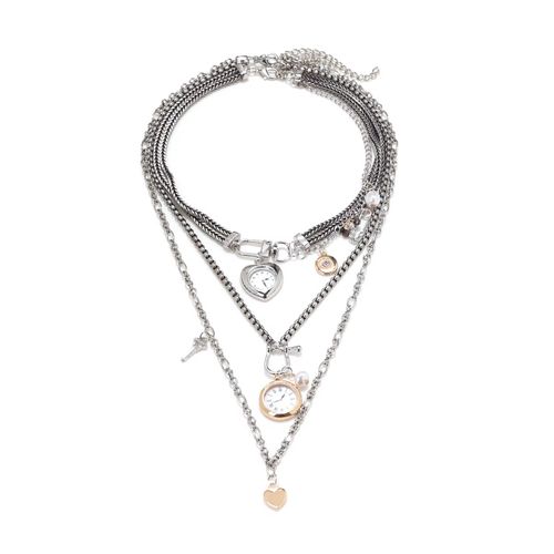 Stylish and Unique Multi-Layer Vintage Necklace featuring Pocket Watch, Paperclip, Key, and Heart Pendants