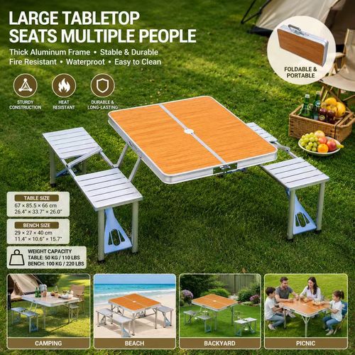 4 Ft Camping Picnic Table Set with 4 Seats, 220 Lbs Support Aluminum Frame, Foldable Suitcase