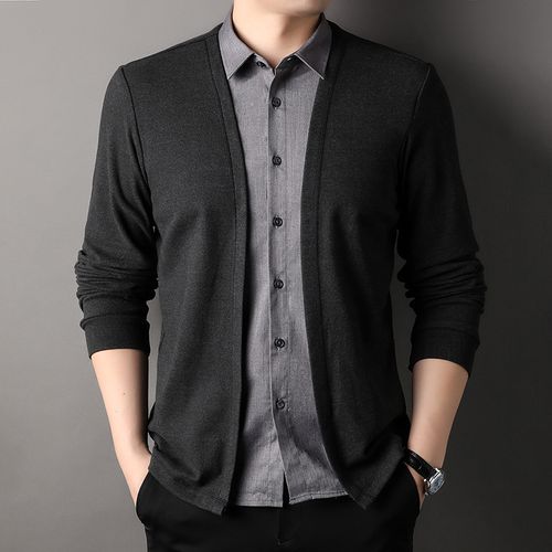 Autumn new men's fake two-piece set of shirt, collar T-shirt, knitted cardigan, casual business undershirt for men