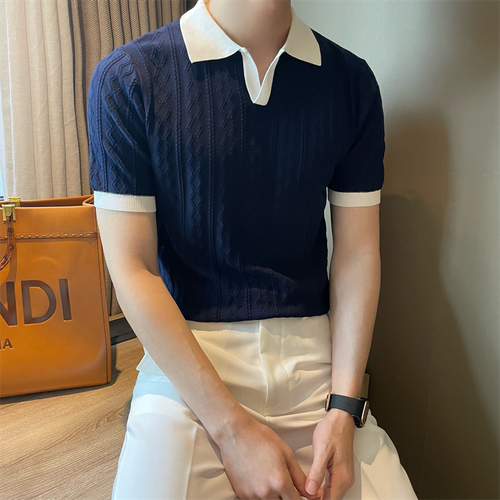 Summer breathable Italian color-blocking men's Polo shirt, light luxury small V-neck elastic jacquard slimming casual short-sleeved knitted shirt