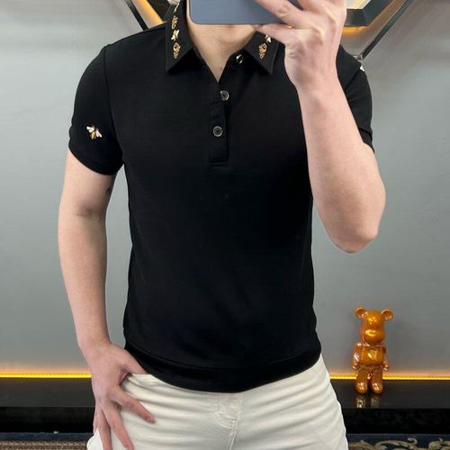 Men's summer casual and fashionable short-sleeved polo light semi-open lapel hoodie embroidered bee trendy and versatile shirt