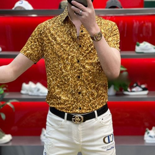 Summer elastic short-sleeved shirt for men, new starry sky lapel no-iron shirt, business casual high-end gold top