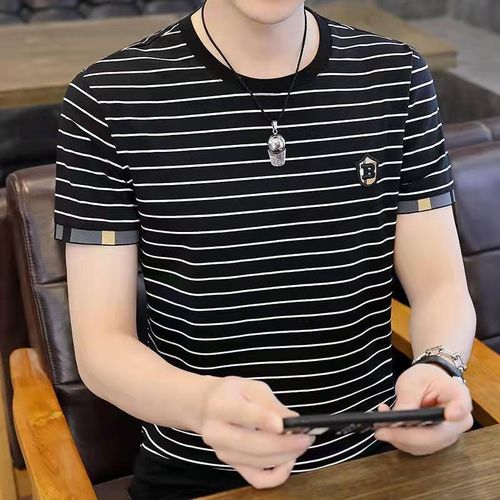 Luxury brand short-sleeved men's summer casual, comfortable and breathable striped golf top, fashionable basic figure-fitting business T-shirt