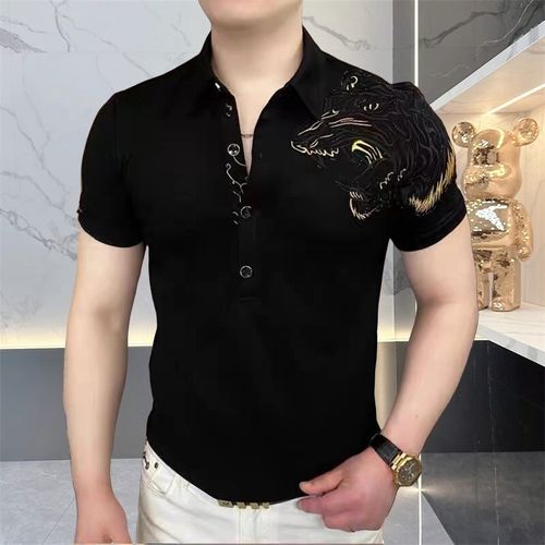 New high-end men's sequined embroidered T-shirt, short-sleeved, fashionable and trendy, slimming and handsome, half-sleeved POLO shirt for men