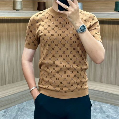 Short-sleeved men's new spring and autumn 2025 round neck letter thick multi-color light luxury European goods trendy men's comfortable half-sleeved
