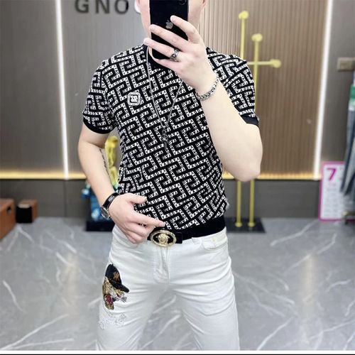 High-end and personalized ice silk short-sleeved T-shirt men's fashion brand trend 2024 Summer new men's jacquard half-sleeved T-shirt