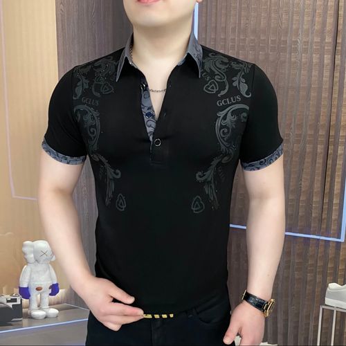 The new summer men's lapel positioning printed diamond embossed short-sleeved T-shirt is fashionable, form-fitting and elastic POLO short-sleeved
